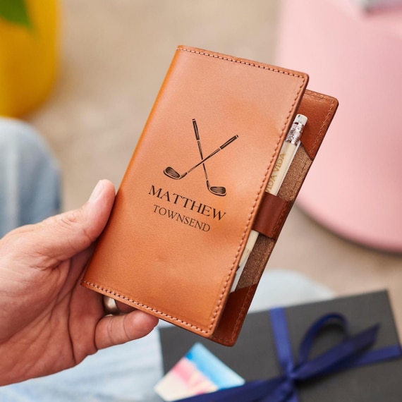 Personalised Leather Golf Scorecard Holder – Handmade Thoughtful Gift for Golfers – Custom Engraved Golf Accessory – Gift Boxed With Ribbon