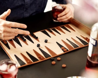 Personalised Leather Travel Backgammon Set – Luxury Handmade Game, Christmas Gift for Him, Traveller Gift with Shadow Font