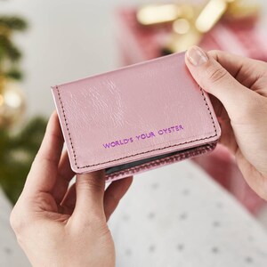 Leather Travel Card Holder Metallic Pink