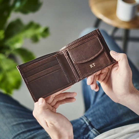 Personalised Leather Wallet with Coin Section A Wonderful Christmas Gift for Dads Brothers Son Teen Arrives in a Ribboned Gift Box