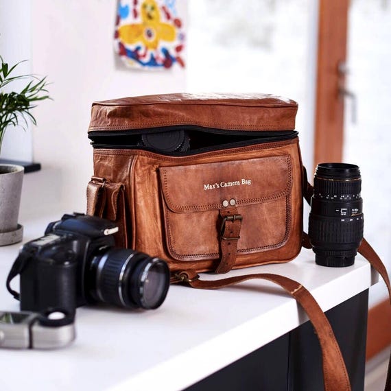 Personalised Leather Camera Bag - Handmade Gift for Keen Photographer, Dad, Son, Unisex. Pure Vintage Style.