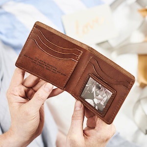 Gepersonaliseerde leren kaartportemonnee met geheime boodschap en metalen fotobijlage - perfect kerstcadeau voor vader, zoon - attent handgemaakt cadeau