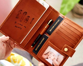 Personalised Luxury Leather Travel Wallet with Engraved Drawing - Perfect Gift for any Traveller or Travel Family. Luxury Gift Box.