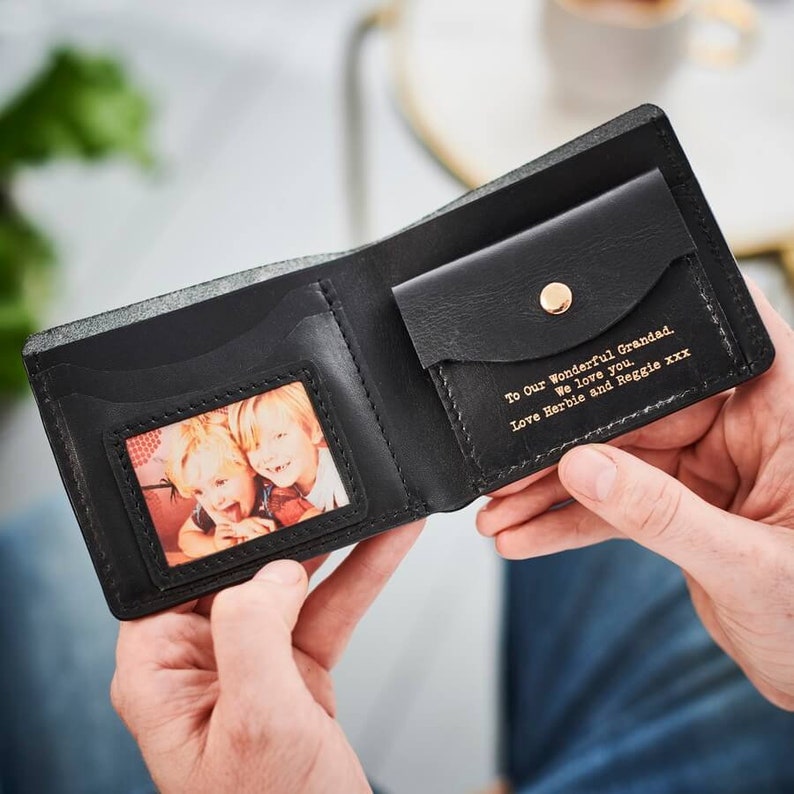 Cartera de cuero personalizada con mensaje secreto y foto de metal: regalo de Navidad perfecto para papá y abuelo. Caja de regalo de lujo hecha a mano Black