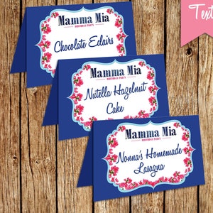 Mamma Mia Food Label Tent Cards, Mamma Mia Party Decor, Cumpleaños, Despedidas de Soltera, Baby Showers. ARTÍCULO DIGITAL