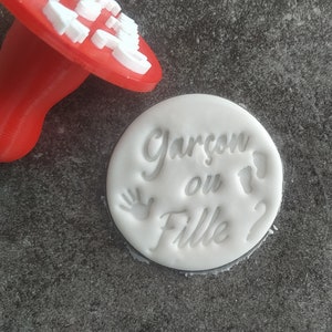 May include: A white round stamp with the text "Garçon ou Fille?" and a handprint and a footprint design.