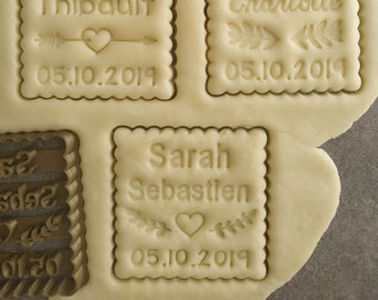 Patrón de cortador de galletas de su elección - Mantequilla cuadrada pequeña - Personalizable con 2 nombres y fecha | Diseñado y fabricado en Francia