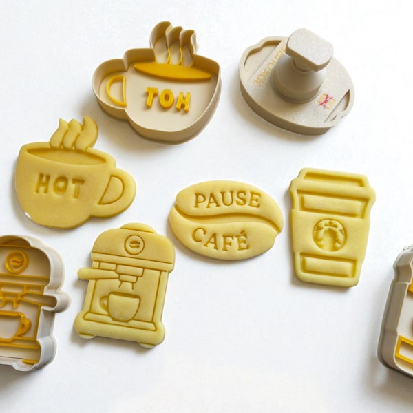 Coffee cookie cutters with plunger – Cup, Espresso machine, Tumbler, Coffee bean – Homemade cookies – Made in France