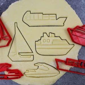 Boat-themed cookie cutters: Sailboat, Cargo Ship, Jet Ski, Cruiser Yacht