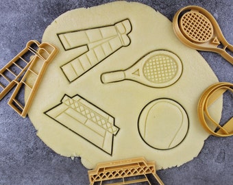 Tennis-themed cookie cutters: racket, tennis ball, court, referee chair