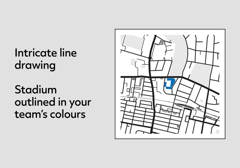 May include: A black and white line drawing of a city map with a blue stadium outlined in the center.
