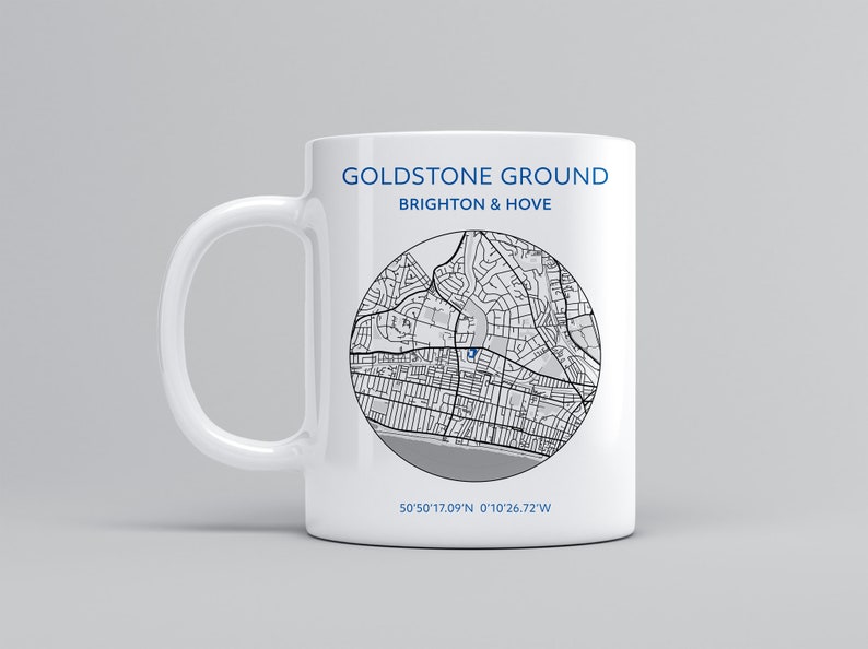 May include: White ceramic mug with a black and white map of Goldstone Ground, Brighton & Hove, England. The mug has the coordinates 50&deg;50'17.09"N 0&deg;10'26.72"W printed on the bottom.