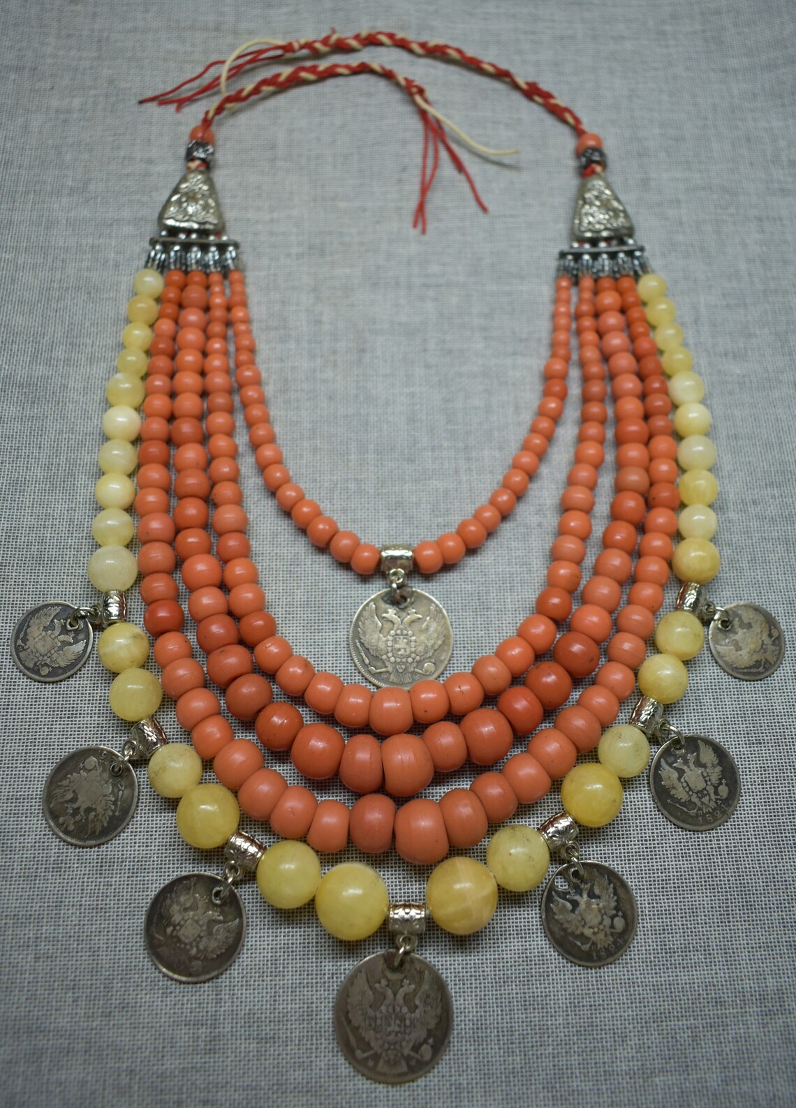 Antique Ukrainian Glass Necklace With Silver Coins Etnic Rare 232,6g