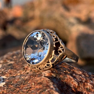 BIG! Rare Poland Vintage Women&#39;s Ring Blue Quartz Rock Crystal Silver 925 6,3g Size 9 1/2