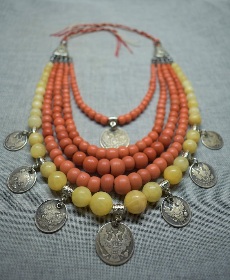 Antique Ukrainian Glass Necklace With Silver Coins Etnic Rare 232,6g
