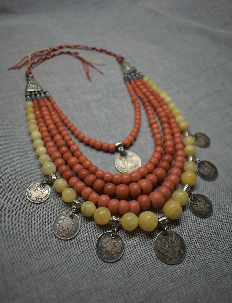 Antique Ukrainian Glass Necklace With Silver Coins Etnic Rare 232,6g