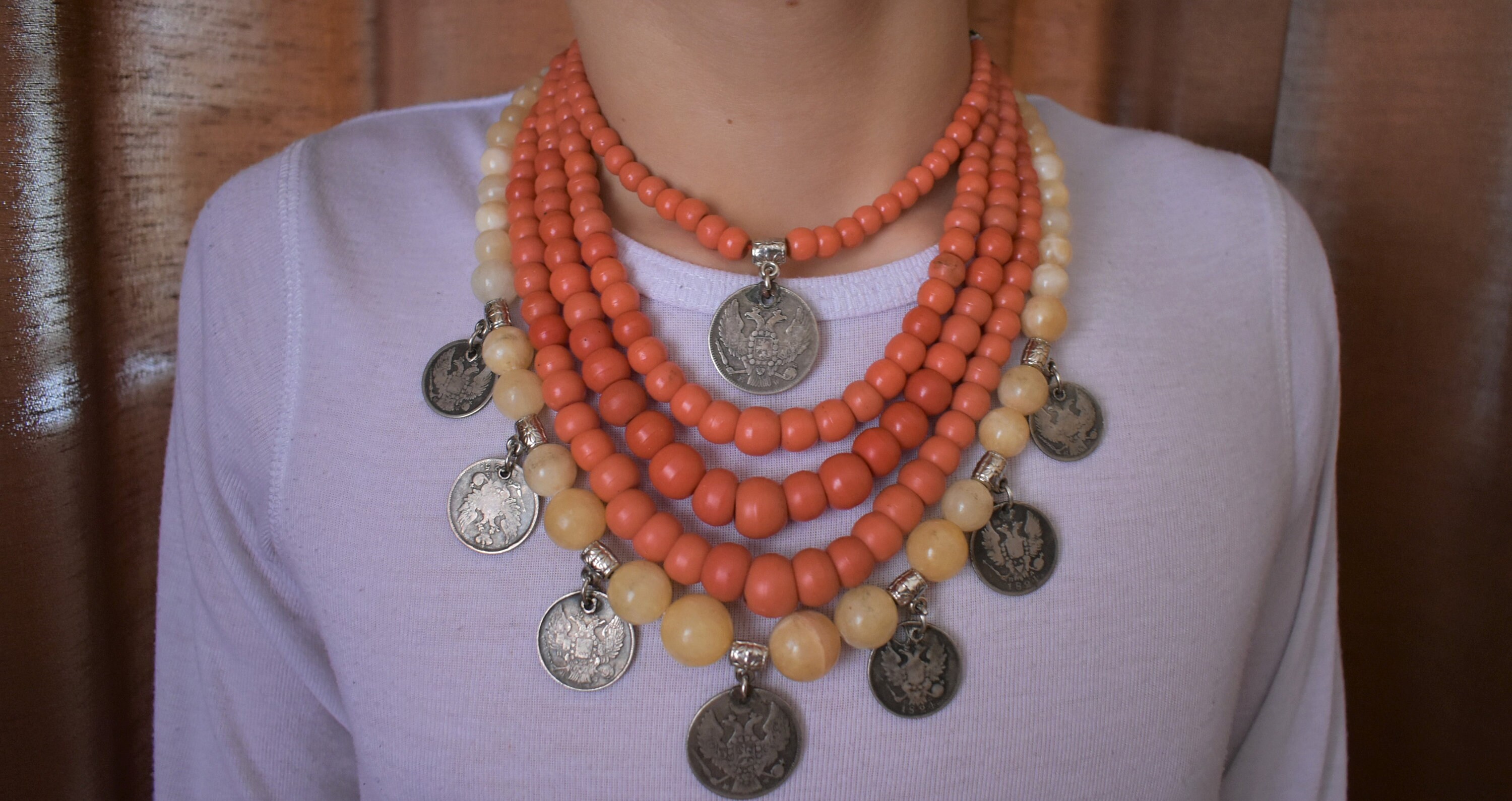 Antique Ukrainian Glass Necklace With Silver Coins Etnic Rare 232,6g