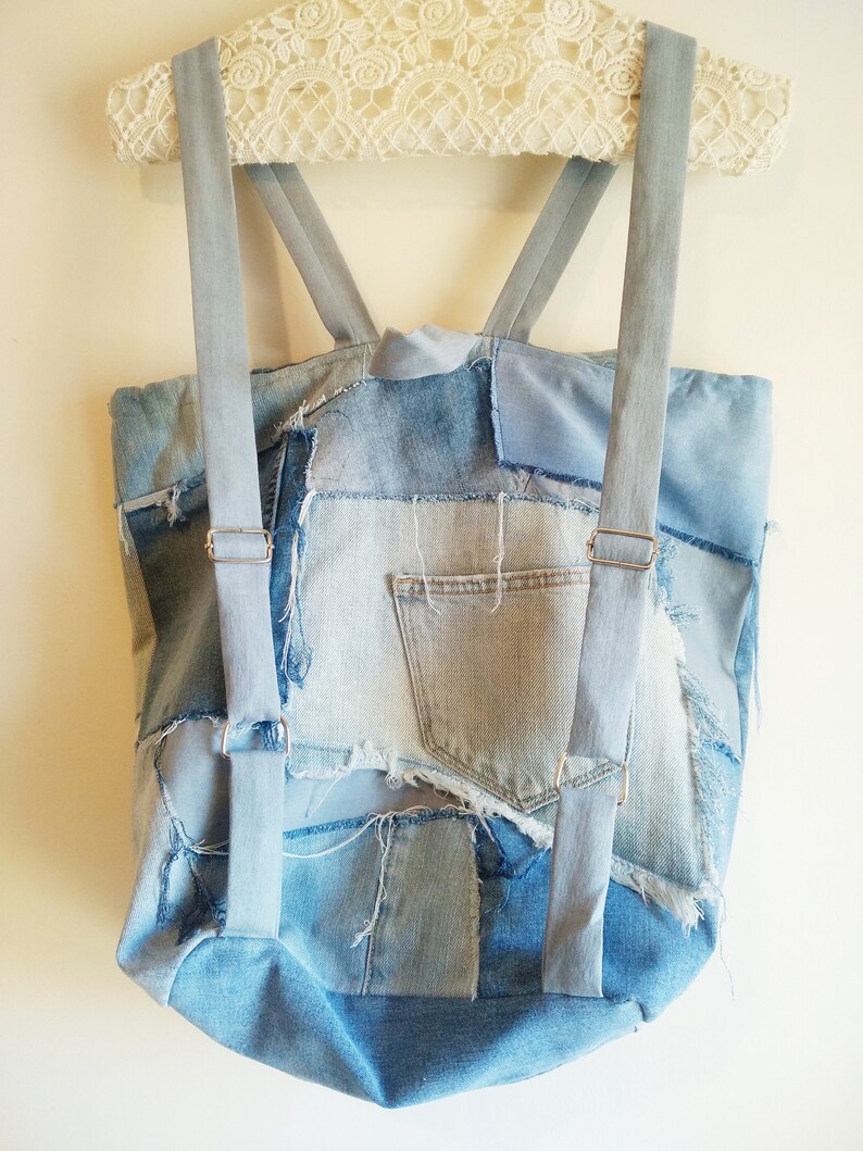 Gifts for him Denim rucksack travel backpack Upcycled denim bag Schoolbag Gender neutral Patchwork Denim backpack Gifts for her