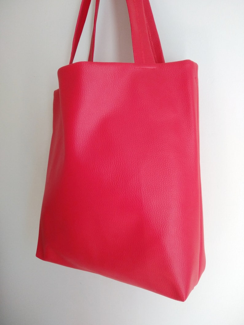 gender neutral shopper bag synthetic leather tote bag Large strong red eco tote bag with inside pocket faux leather big purse