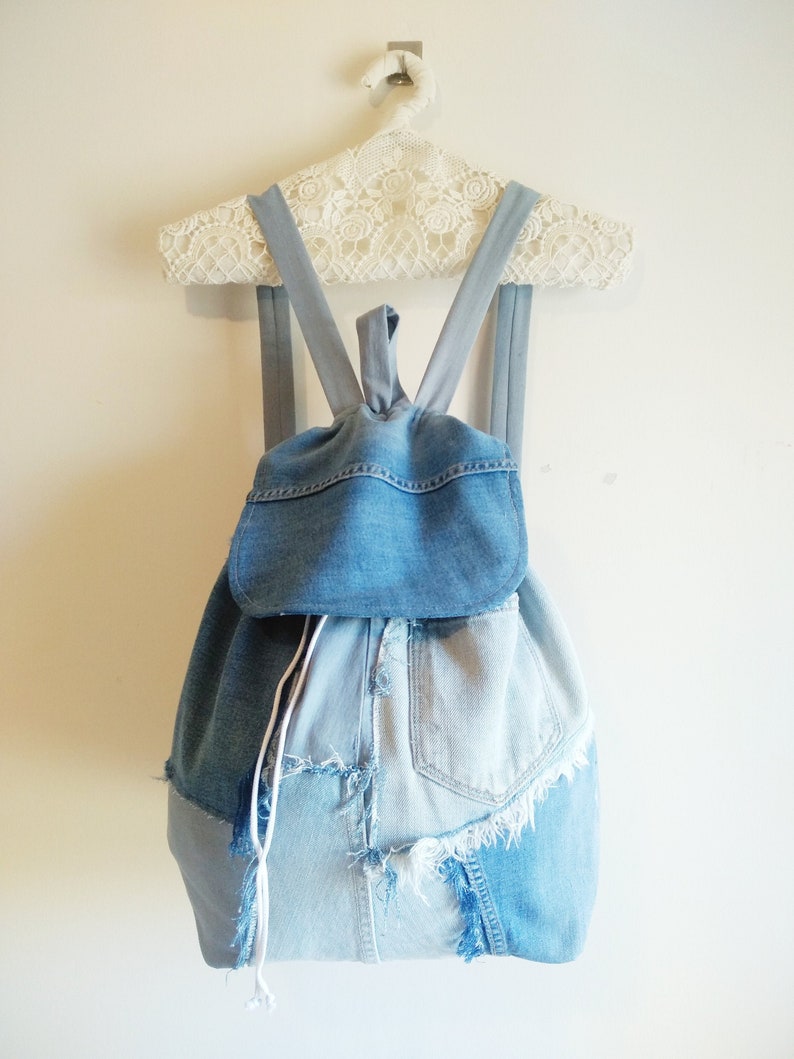 Gifts for him Denim rucksack travel backpack Upcycled denim bag Schoolbag Gender neutral Patchwork Denim backpack Gifts for her