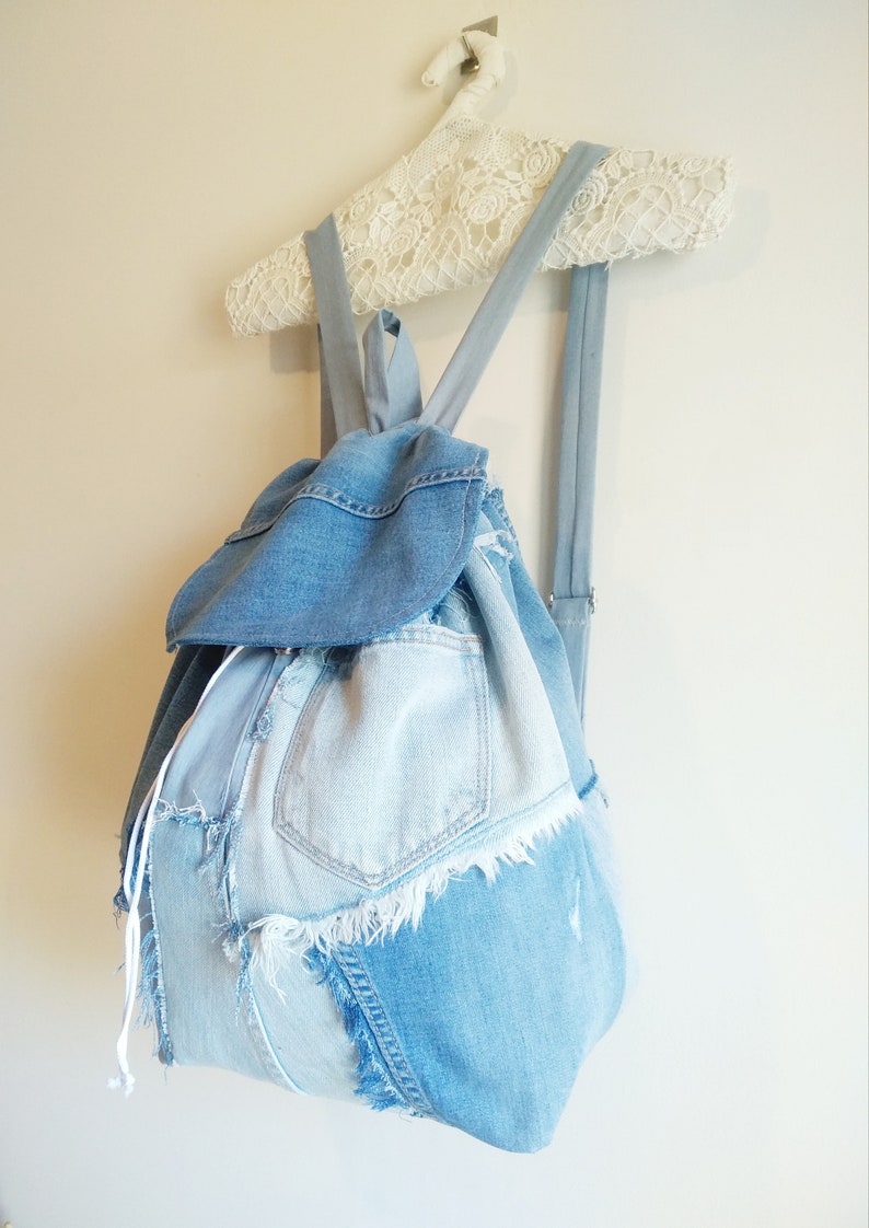 Gifts for him Denim rucksack travel backpack Upcycled denim bag Schoolbag Gender neutral Patchwork Denim backpack Gifts for her