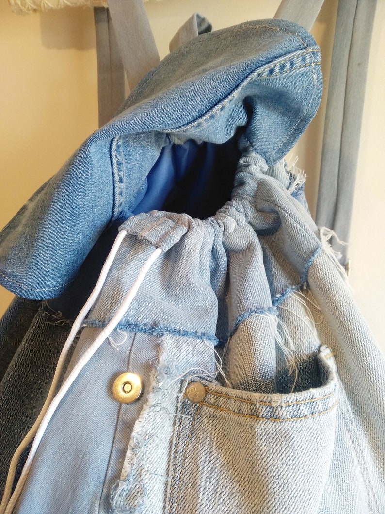 Gifts for him Denim rucksack travel backpack Upcycled denim bag Schoolbag Gender neutral Patchwork Denim backpack Gifts for her