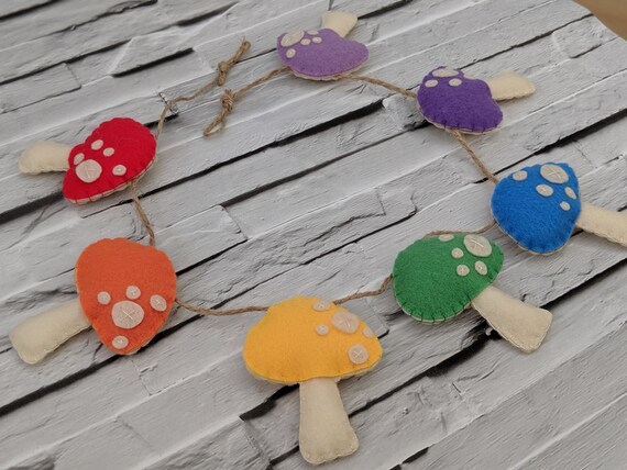 Rainbow Toadstool Garland. Woodland Felt Bunting. 7 Fairy Toadstools. Nursery Wall Art. Kids Room Decoration. Mushroom Decor. Playroom Rainbow Toadstool Garland. Woodland Felt Bunting. 7 Fairy Toadstools. Nursery Wall Art. Kids Room Decoration. Mushroom Decor. Playroom