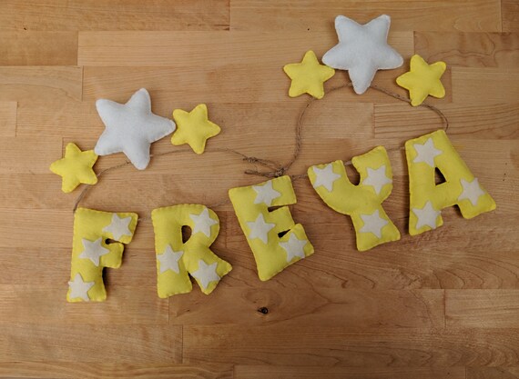 Yellow & White Star Name Banner - Nursery Decor or Baby Shower Gift. Unisex Name Garland. Yellow & White Star Name Banner - Nursery Decor or Baby Shower Gift. Unisex Name Garland.