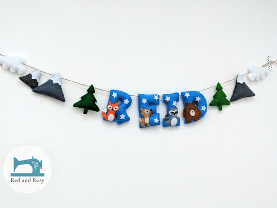 Forrest Friends Blue Name Banner with Clouds, Mountains, Stars and Trees, Woodland Creatures Garland, Unisex Nursery Decor, Baby Shower Gift Forrest Friends Blue Name Banner with Clouds, Mountains, Stars and Trees, Woodland Creatures Garland, Unisex Nursery Decor, Baby Shower Gift
