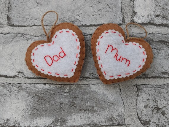 Personalised Felt Gingerbread Hearts, Christmas Ornaments. Personalised Felt Gingerbread Hearts, Christmas Ornaments.