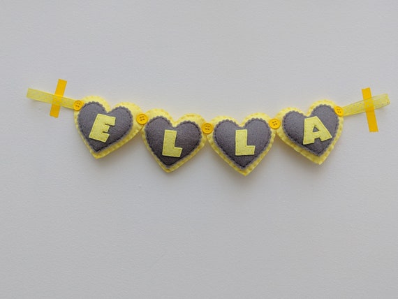 Handmade Yellow and Grey Heart Name Banner, Baby Girl or Boy Gift, Nursery Decor. Felt Nursery Decor. Handmade Yellow and Grey Heart Name Banner, Baby Girl or Boy Gift, Nursery Decor. Felt Nursery Decor.