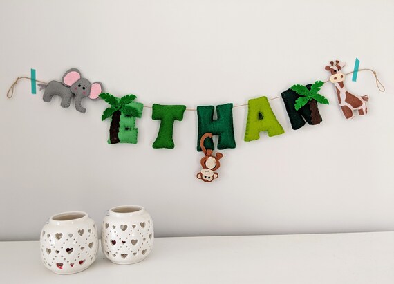 Jungle Name Banner with Giraffe, Elephant, Monkey and Palm Trees, Jungle Creatures Garland, Unisex Nursery Decor, Baby Shower Gift Jungle Name Banner with Giraffe, Elephant, Monkey and Palm Trees, Jungle Creatures Garland, Unisex Nursery Decor, Baby Shower Gift