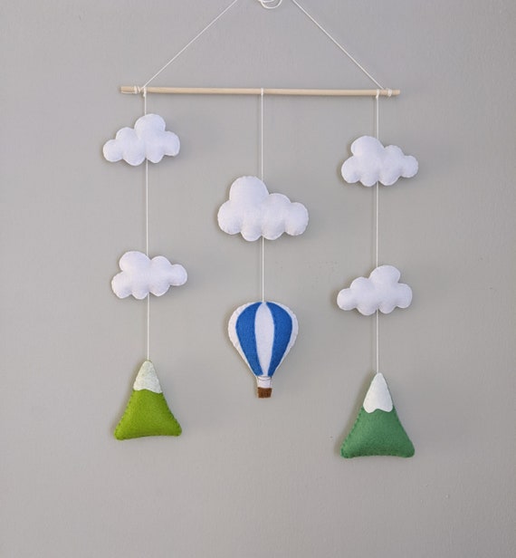 Hot Air Balloon Nursery Wall Hanging. Felt Cloud Kids Bedroom Decor. Children's Playroom Mobile. Customisable Colours. Hot Air Balloon Nursery Wall Hanging. Felt Cloud Kids Bedroom Decor. Children's Playroom Mobile. Customisable Colours.