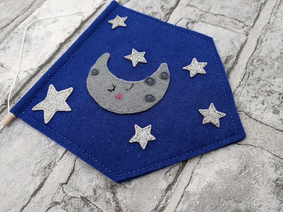 Moon and Sparkling Stars Pennant Flag. Kids Bedroom Art. Playroom Wall Hanging. Nursery Decor. Sleepy Crescent Moon. Night Felt Banner. Moon and Sparkling Stars Pennant Flag. Kids Bedroom Art. Playroom Wall Hanging. Nursery Decor. Sleepy Crescent Moon. Night Felt Banner.