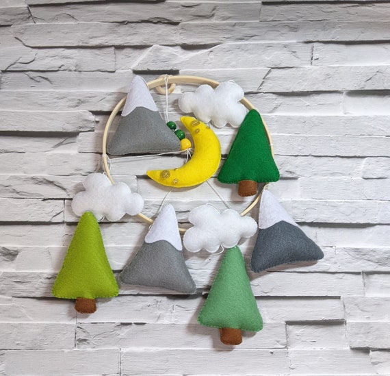 Woodland Baby Mobile. Nursery Decor, Baby Shower Gift. Felt Trees, Mountains. Clouds and Moon. Adventure Style Baby Room. Customisable Gift. Woodland Baby Mobile. Nursery Decor, Baby Shower Gift. Felt Trees, Mountains. Clouds and Moon. Adventure Style Baby Room. Customisable Gift.