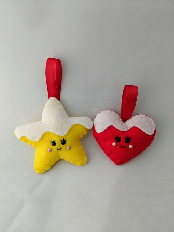 2 Felt Christmas Decorations - Snowy Star and Snowy Heart - Cute Kawaii Christmas - Christmas Ornaments 2 Felt Christmas Decorations - Snowy Star and Snowy Heart - Cute Kawaii Christmas - Christmas Ornaments