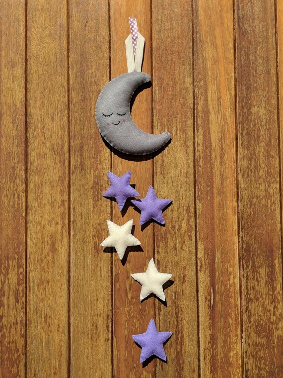 Purple and Grey Felt Moon and Star Wall Hanging / Mobile / Nursery Decor / Handmade Purple and Grey Felt Moon and Star Wall Hanging / Mobile / Nursery Decor / Handmade