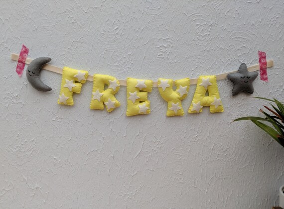 Star and Moon Yellow Name Banner - Baby Nursery Decor or Baby Shower Gift. Name Garland. Handmade to Order. Star and Moon Yellow Name Banner - Baby Nursery Decor or Baby Shower Gift. Name Garland. Handmade to Order.
