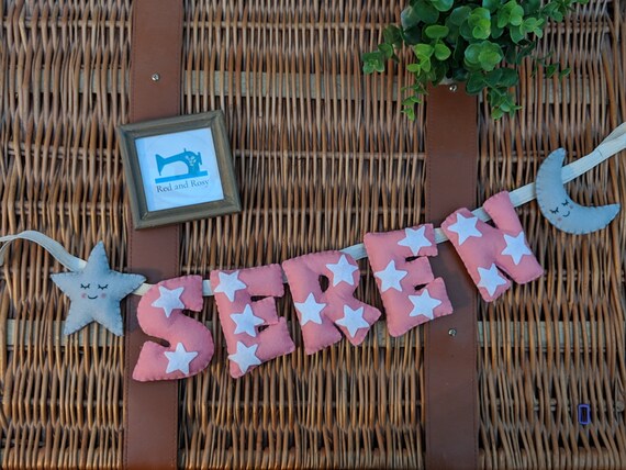 Rose Pink Star and Moon Name Banner, Baby Girl Nursery Decor Gift, Name Bunting - Personalised Gift Rose Pink Star and Moon Name Banner, Baby Girl Nursery Decor Gift, Name Bunting - Personalised Gift