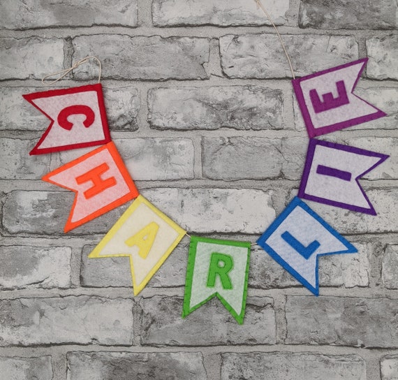 Rainbow Felt Pennant Name Banner, Personalised Flag Garland, Rainbow Name Sign - Unisex Nursery Decor and Baby Shower Gift Rainbow Felt Pennant Name Banner, Personalised Flag Garland, Rainbow Name Sign - Unisex Nursery Decor and Baby Shower Gift