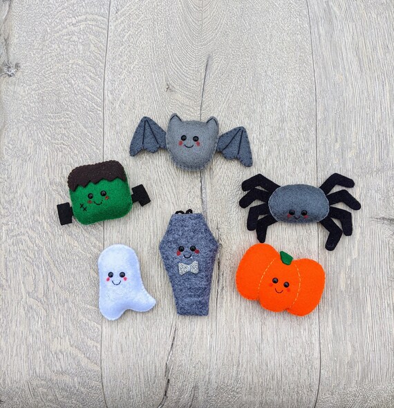 Felt Halloween Decorations. Mini Sized Friendly Spider, Frankenstein's Monster, Ghost, Pumpkin, Bat and Coffin Halloween Decor. Felt Halloween Decorations. Mini Sized Friendly Spider, Frankenstein's Monster, Ghost, Pumpkin, Bat and Coffin Halloween Decor.
