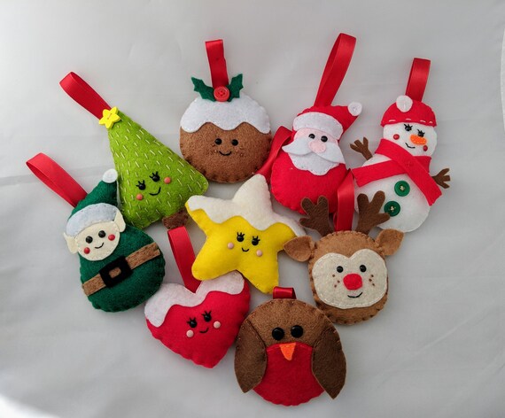 Set of 9 Felt Christmas Ornaments Decorations - Elf, Santa, Christmas Tree, Christmas Pudding, Snowman, Star, Heart, Rudolph, Robin Felt Set of 9 Felt Christmas Ornaments Decorations - Elf, Santa, Christmas Tree, Christmas Pudding, Snowman, Star, Heart, Rudolph, Robin Felt