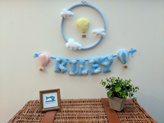 Handmade Hot Air Balloon Name Banner with White Clouds- Baby Boy or Girl Nursery Decor Gift - Name Bunting - Made to Order Handmade Hot Air Balloon Name Banner with White Clouds- Baby Boy or Girl Nursery Decor Gift - Name Bunting - Made to Order