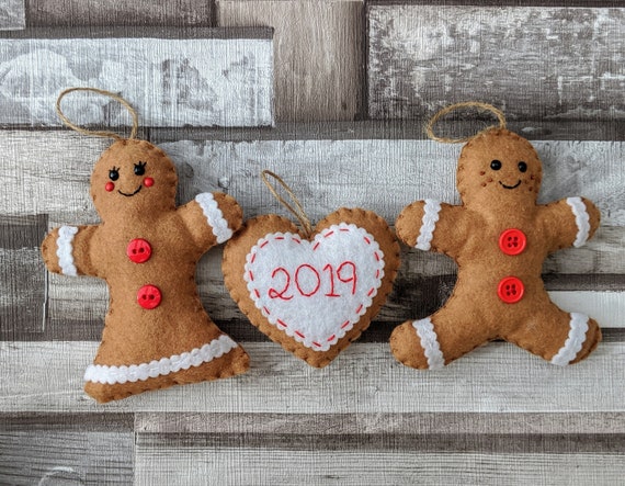 Felt Gingerbread Christmas Ornaments - Gingerbread Man, Gingerbread Woman and Personalised Heart Felt Gingerbread Christmas Ornaments - Gingerbread Man, Gingerbread Woman and Personalised Heart