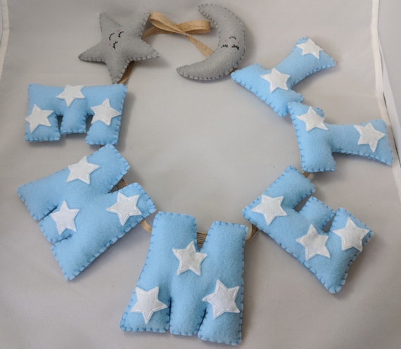Handmade Star and Moon Blue Name Banner - Baby Boy Nursery Decor Gift - Name Bunting - Made to Order Handmade Star and Moon Blue Name Banner - Baby Boy Nursery Decor Gift - Name Bunting - Made to Order