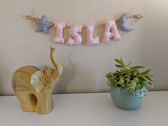 Handmade Star and Moon Pink Name Banner - Baby Girl Nursery Decor Gift - Name Bunting - Made to Order Handmade Star and Moon Pink Name Banner - Baby Girl Nursery Decor Gift - Name Bunting - Made to Order