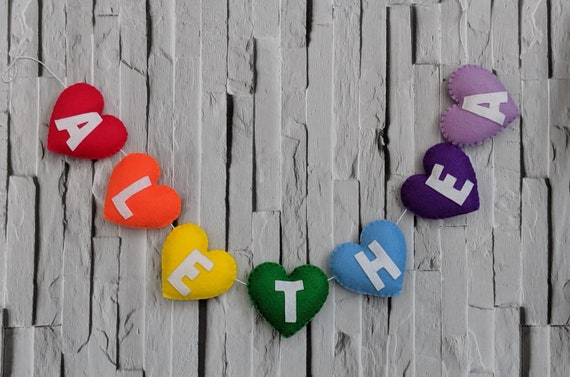 Personalised Rainbow Heart Name Banner, Handmade Felt Rainbow Garland, Perfect Baby Shower or Nursery Decor. Personalised Rainbow Heart Name Banner, Handmade Felt Rainbow Garland, Perfect Baby Shower or Nursery Decor.