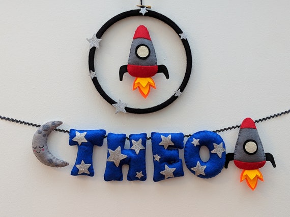Handmade Space Rocket and Moon Blue Name Banner with Silver Sparkly Stars- Baby Boy Nursery Decor Gift - Name Bunting - Made to Order Handmade Space Rocket and Moon Blue Name Banner with Silver Sparkly Stars- Baby Boy Nursery Decor Gift - Name Bunting - Made to Order