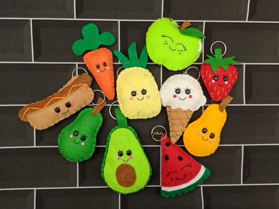 Kawaii Felt Food Key Chains, Party Key Ring Favour Pack of 10. Includes Avocado. Pears, Pineapple, Watermelon, Carrot, Apple, Strawberry. Kawaii Felt Food Key Chains, Party Key Ring Favour Pack of 10. Includes Avocado. Pears, Pineapple, Watermelon, Carrot, Apple, Strawberry.