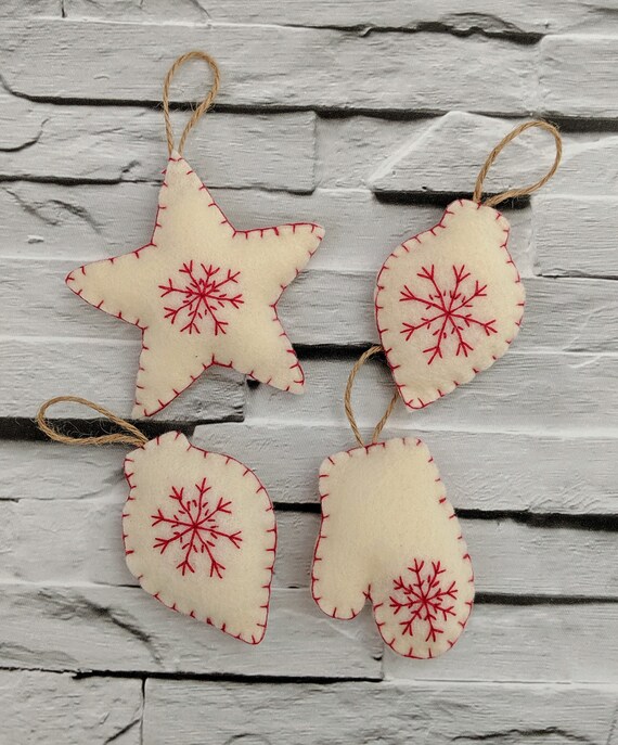 Scandi Christmas Ornaments. Four pack of Red and Cream Scandinavian Style Christmas Decorations. Scandi Christmas Ornaments. Four pack of Red and Cream Scandinavian Style Christmas Decorations.